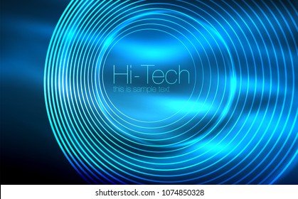 Circular glowing neon shapes, techno background. Abstract shiny transparent circles on dark technology space. Glowing neon circles, techno digital background