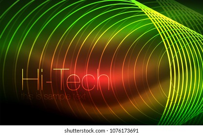 Formas de neón brillante circular, fondo tecno. Resumen de círculos transparentes brillantes en el espacio de tecnología oscura. Círculos de neón brillantes, fondo digital tecno