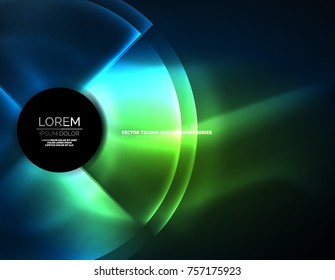 Circular glowing neon shapes, techno background. Abstract shiny transparent circles on dark technology space