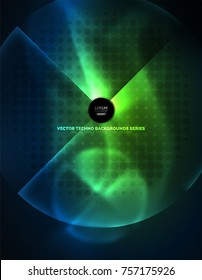 Circular glowing neon shapes, techno background. Abstract shiny transparent circles on dark technology space