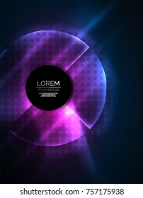 Circular glowing neon shapes, techno background. Abstract shiny transparent circles on dark technology space