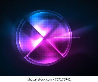Zirkulär leuchtende Neonformen, Techno-Hintergrund. Abstrakte, glänzende, transparente Kreise auf dunklem Technologiebereich