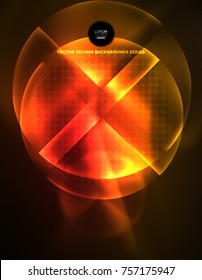 Circular glowing neon shapes, techno background. Abstract shiny transparent circles on dark technology space