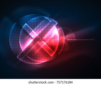 Circular glowing neon shapes, techno background. Abstract shiny transparent circles on dark technology space