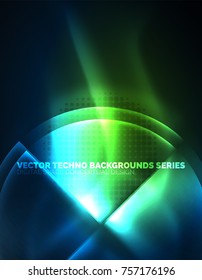 Circular glowing neon shapes, techno background. Abstract shiny transparent circles on dark technology space