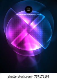 Circular glowing neon shapes, techno background. Abstract shiny transparent circles on dark technology space
