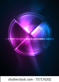 Circular glowing neon shapes, techno background. Abstract shiny transparent circles on dark technology space