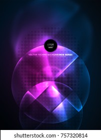 Zirkulär leuchtende Neonformen, Techno-Hintergrund. Abstrakte, glänzende, transparente Kreise auf dunklem Technologiebereich