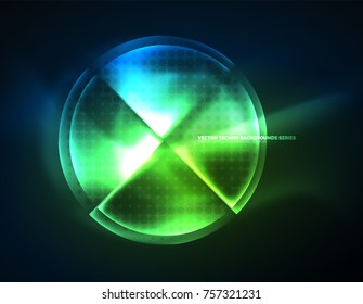 Circular glowing neon shapes, techno background. Abstract shiny transparent circles on dark technology space