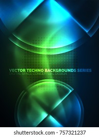 Formas de neón brillante circular, fondo tecno. Resumen brillantes círculos transparentes sobre el espacio de tecnología oscura