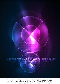 Circular glowing neon shapes, techno background. Abstract shiny transparent circles on dark technology space