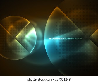 Circular glowing neon shapes, techno background. Abstract shiny transparent circles on dark technology space