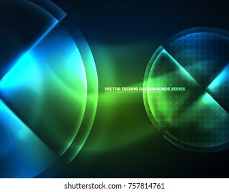 Circular glowing neon shapes, techno background. Abstract shiny transparent circles on dark technology space