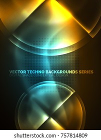 Circular glowing neon shapes, techno background. Abstract shiny transparent circles on dark technology space