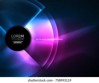 Circular glowing neon shapes, techno background. Abstract shiny transparent circles on dark technology space