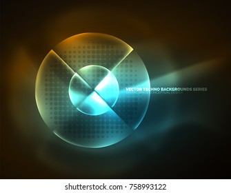 Formas de neón brillante circular, fondo tecno. Resumen brillantes círculos transparentes sobre el espacio de tecnología oscura