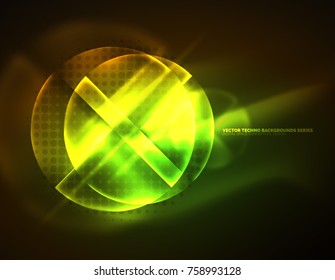 Circular glowing neon shapes, techno background. Abstract shiny transparent circles on dark technology space