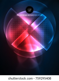 Circular glowing neon shapes, techno background. Abstract shiny transparent circles on dark technology space
