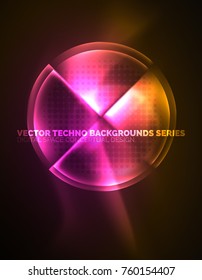 Circular glowing neon shapes, techno background. Abstract shiny transparent circles on dark technology space