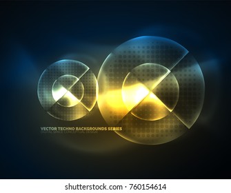 Zirkulär leuchtende Neonformen, Techno-Hintergrund. Abstrakte, glänzende, transparente Kreise auf dunklem Technologiebereich