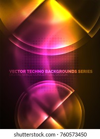 Circular glowing neon shapes, techno background. Abstract shiny transparent circles on dark technology space
