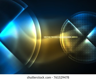 Circular glowing neon shapes, techno background. Abstract shiny transparent circles on dark technology space
