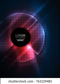 Circular glowing neon shapes, techno background. Abstract shiny transparent circles on dark technology space