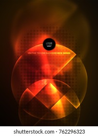 Circular glowing neon shapes, techno background. Abstract shiny transparent circles on dark technology space