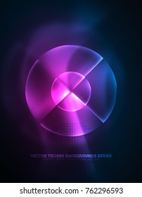 Circular glowing neon shapes, techno background. Abstract shiny transparent circles on dark technology space