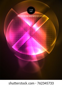 Circular glowing neon shapes, techno background. Abstract shiny transparent circles on dark technology space