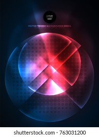 Circular glowing neon shapes, techno background. Abstract shiny transparent circles on dark technology space