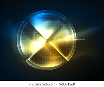 Formas de neón brillante circular, fondo tecno. Resumen brillantes círculos transparentes sobre el espacio de tecnología oscura