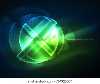 Circular glowing neon shapes, techno background. Abstract shiny transparent circles on dark technology space