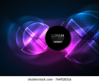Circular glowing neon shapes, techno background. Abstract shiny transparent circles on dark technology space