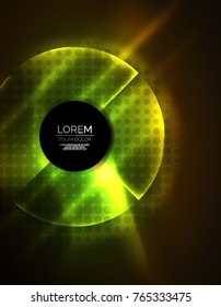 Circular glowing neon shapes, techno background. Abstract shiny transparent circles on dark technology space