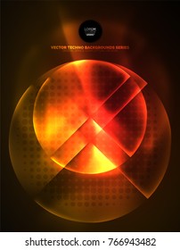 Circular glowing neon shapes, techno background. Abstract shiny transparent circles on dark technology space