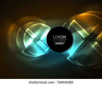 Circular glowing neon shapes, techno background. Abstract shiny transparent circles on dark technology space