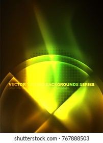 Circular glowing neon shapes, techno background. Abstract shiny transparent circles on dark technology space