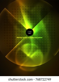 Formas de neón brillante circular, fondo tecno. Resumen brillantes círculos transparentes sobre el espacio de tecnología oscura