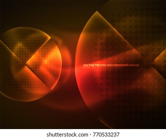 Circular glowing neon shapes, techno background. Abstract shiny transparent circles on dark technology space