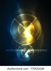 Circular glowing neon shapes, techno background. Abstract shiny transparent circles on dark technology space