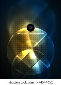 Circular glowing neon shapes, techno background. Abstract shiny transparent circles on dark technology space