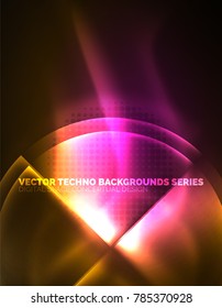 Circular glowing neon shapes, techno background. Abstract shiny transparent circles on dark technology space
