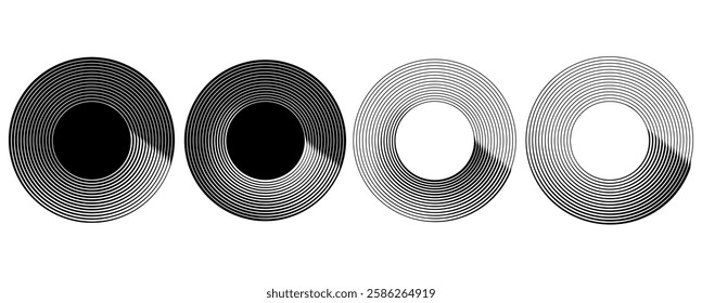 Circular glowing spiral rhythm sound wave of lines. Set of round black white geometric stripes in the form of spiral waves.