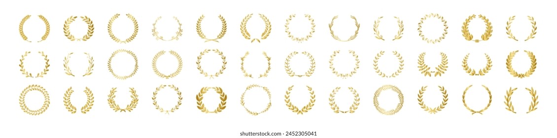 Circular gold laurel foliate vector icon set. Set of various laurel wreaths. Award, achievement, victory