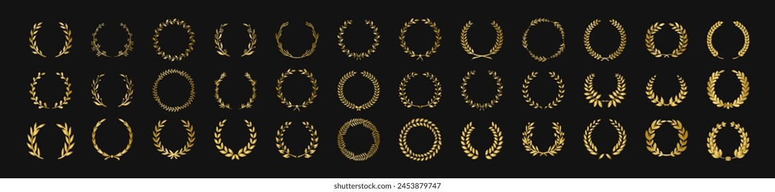 Circular gold laurel foliate vector icon set. Set of black silhouette circular laurel foliate, wheat and oak wreaths depicting an award