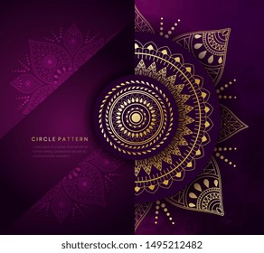 Circular gold on purple intricate geometric mandala incorporating religious symbols of the Indian religions with copy space, vector illustration