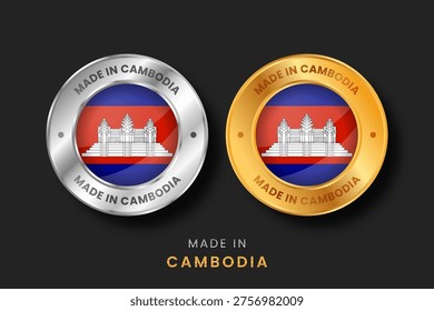 Circular gold and silver labels with the Cambodia flag. High-quality 