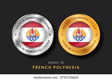 Circular gold and silver labels with the French Polynesia flag. High-quality 