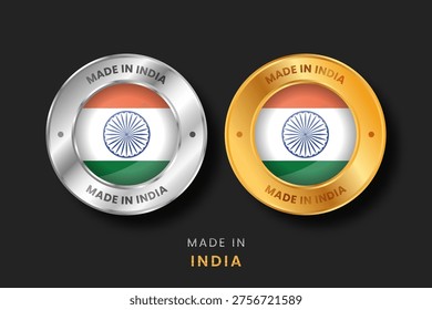 Circular gold and silver labels with the India flag. High-quality 